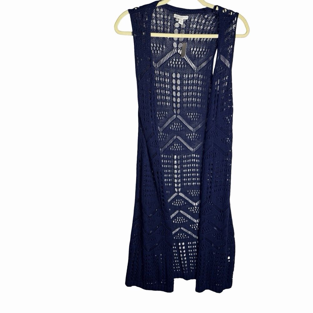 Cato Open Cardigan Vest Duster Navy Blue Knit Crochet Long Women's Size S NEW!